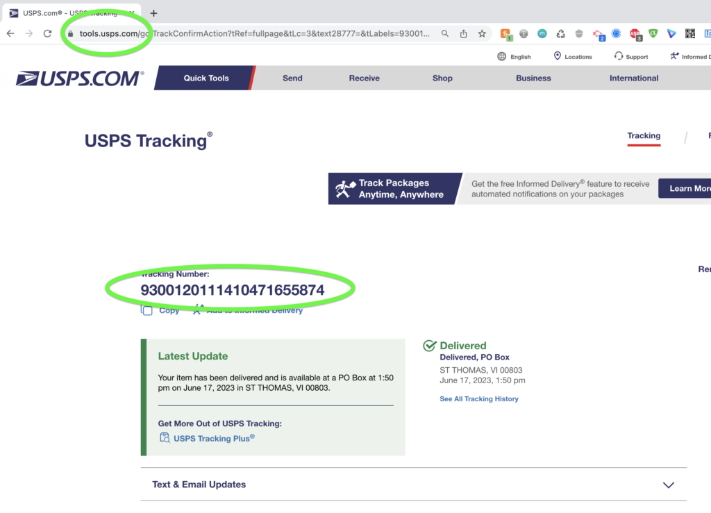 Legitimate USPS tracking page